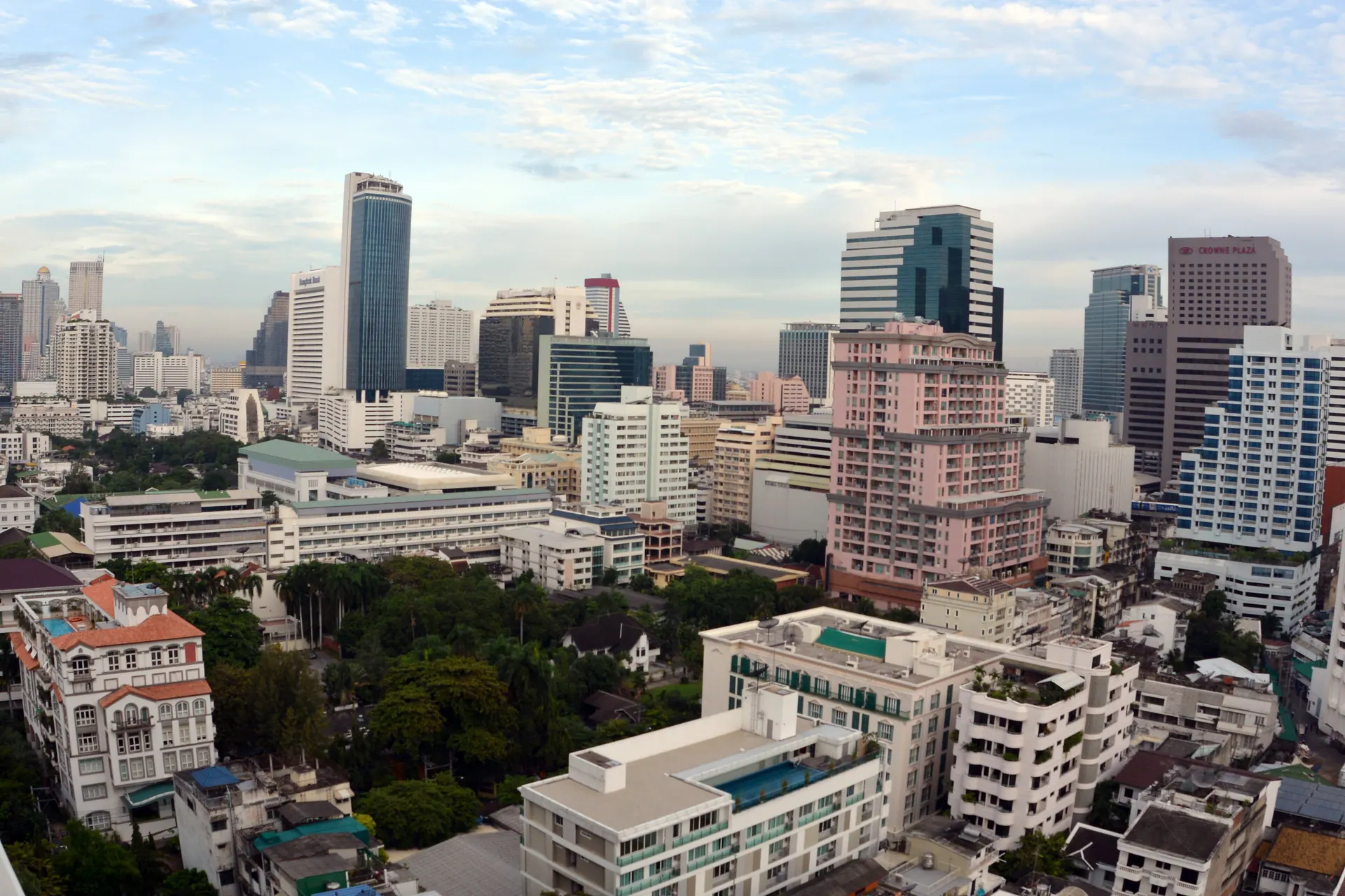 The Bang Rak district seen from above, with towers beyond low-rise streets