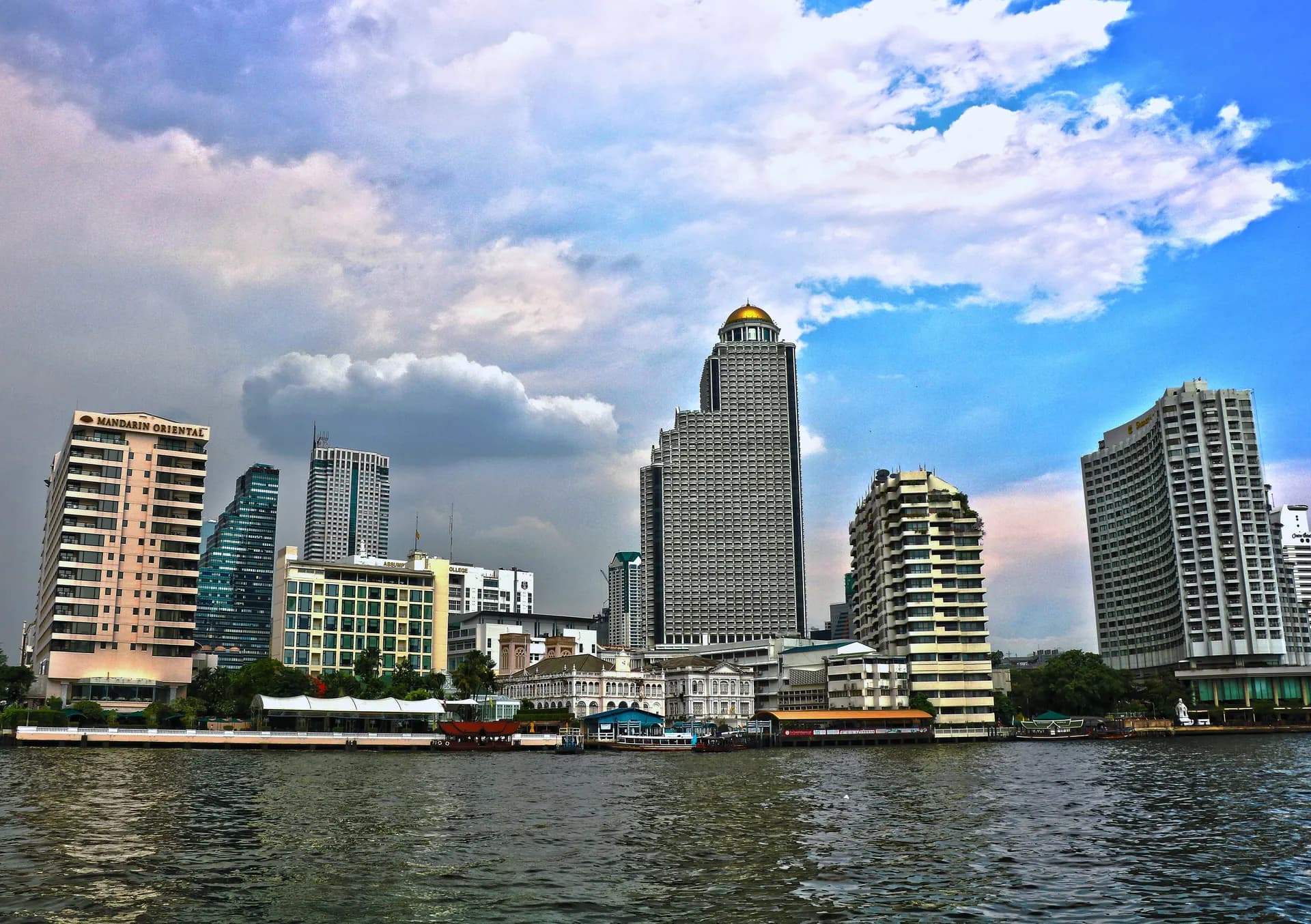 Towers on Bang Rak's riverfront seen from the Chao Phraya River