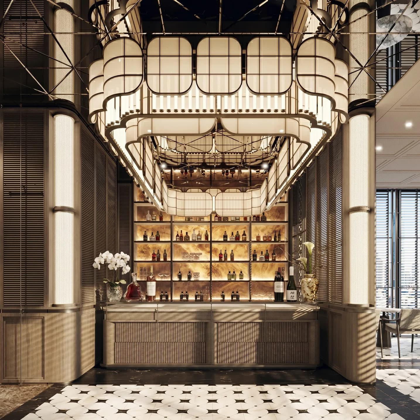 Restaurant bar with a backlit bottle display framed by columns and a tiered pendant fitting