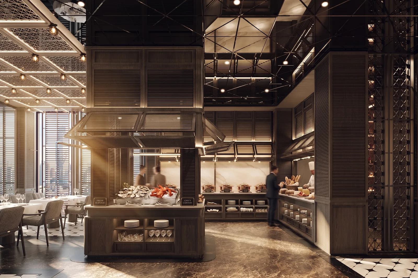 Dark timber service counter with display shelving alongside the restaurant seating