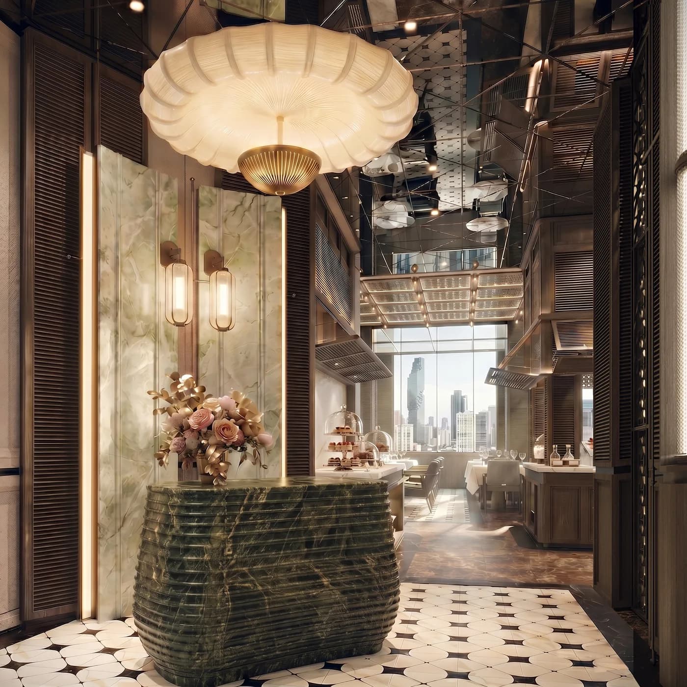 Restaurant host station clad in green fluted stone beneath a large pendant light