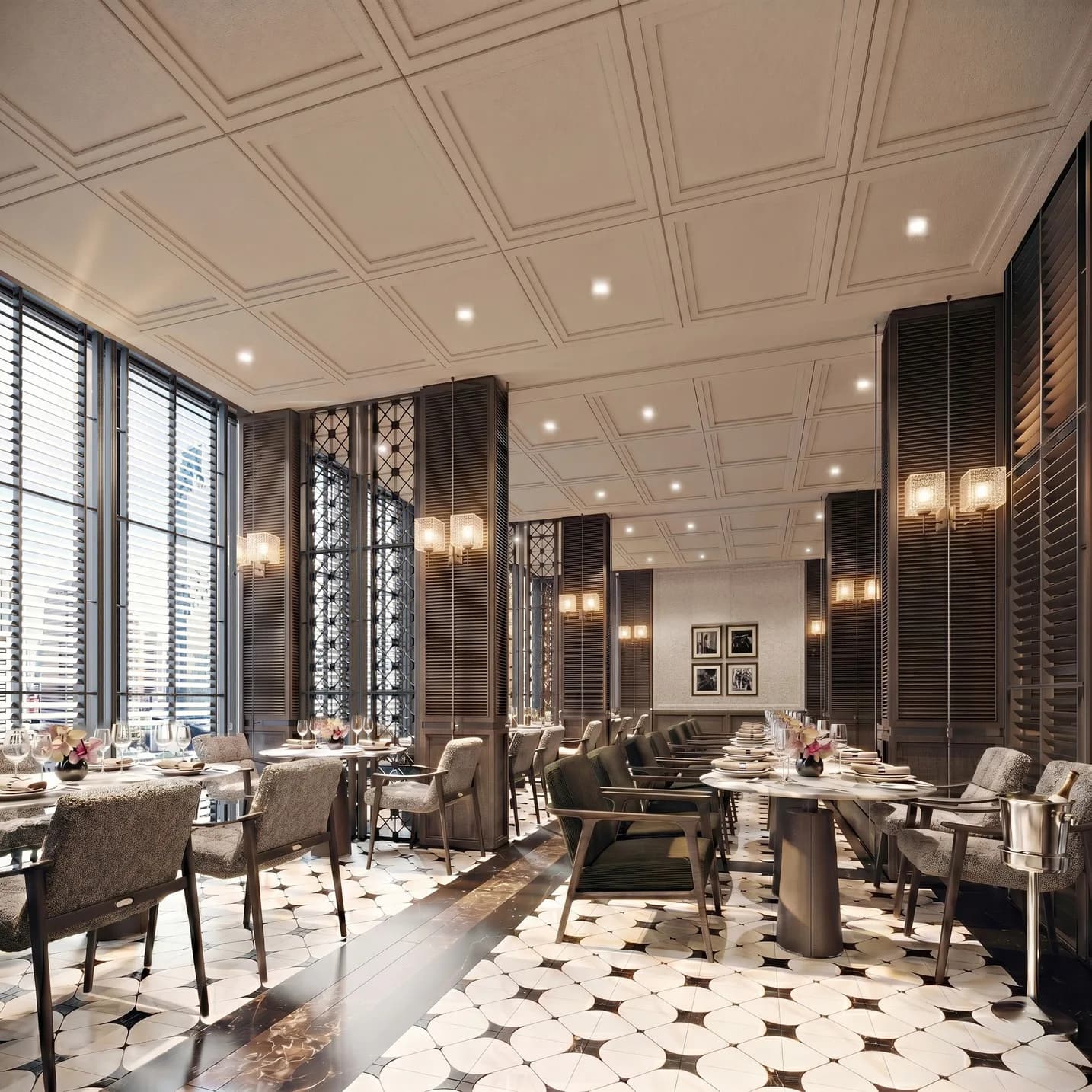 Restaurant with laid tables, upholstered chairs and tall windows above a chequerboard marble floor