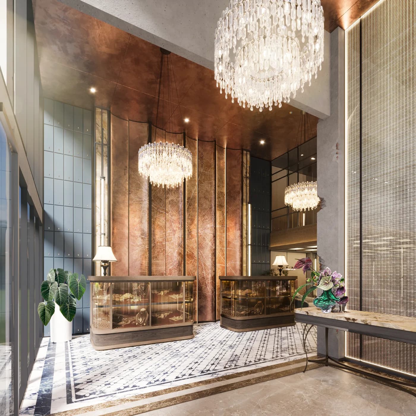 Double-height reception hall with tiered crystal chandeliers, a bronze-toned panelled wall and a stone reception desk