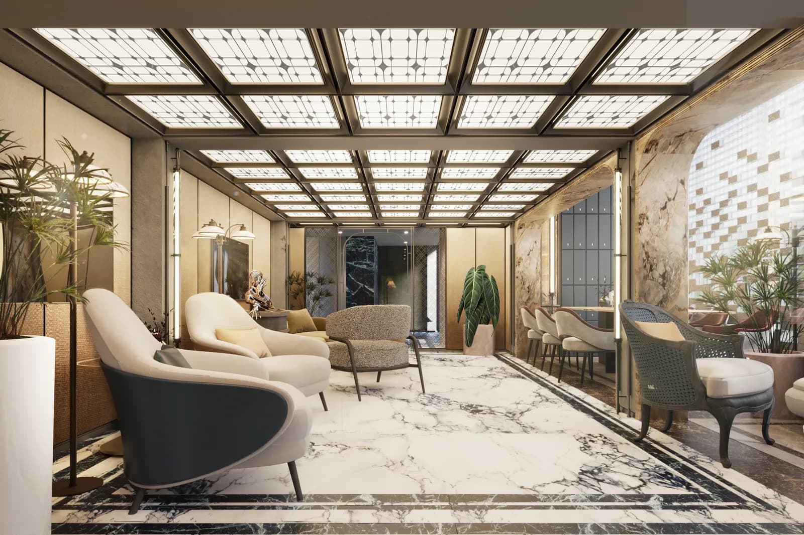 Waiting lounge with a coffered backlit ceiling, curved armchairs and a patterned marble floor