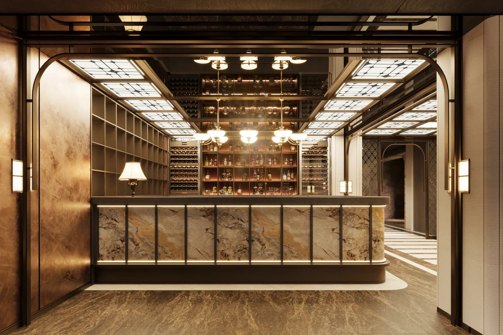 Lounge bar counter with a backlit bottle display beneath an arched, panelled ceiling