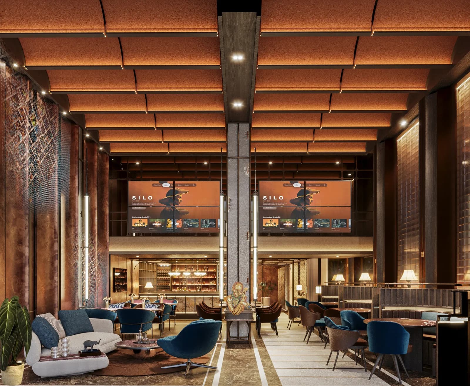 Lounge with a timber-slatted ceiling, blue armchairs, banquette seating and full-height windows