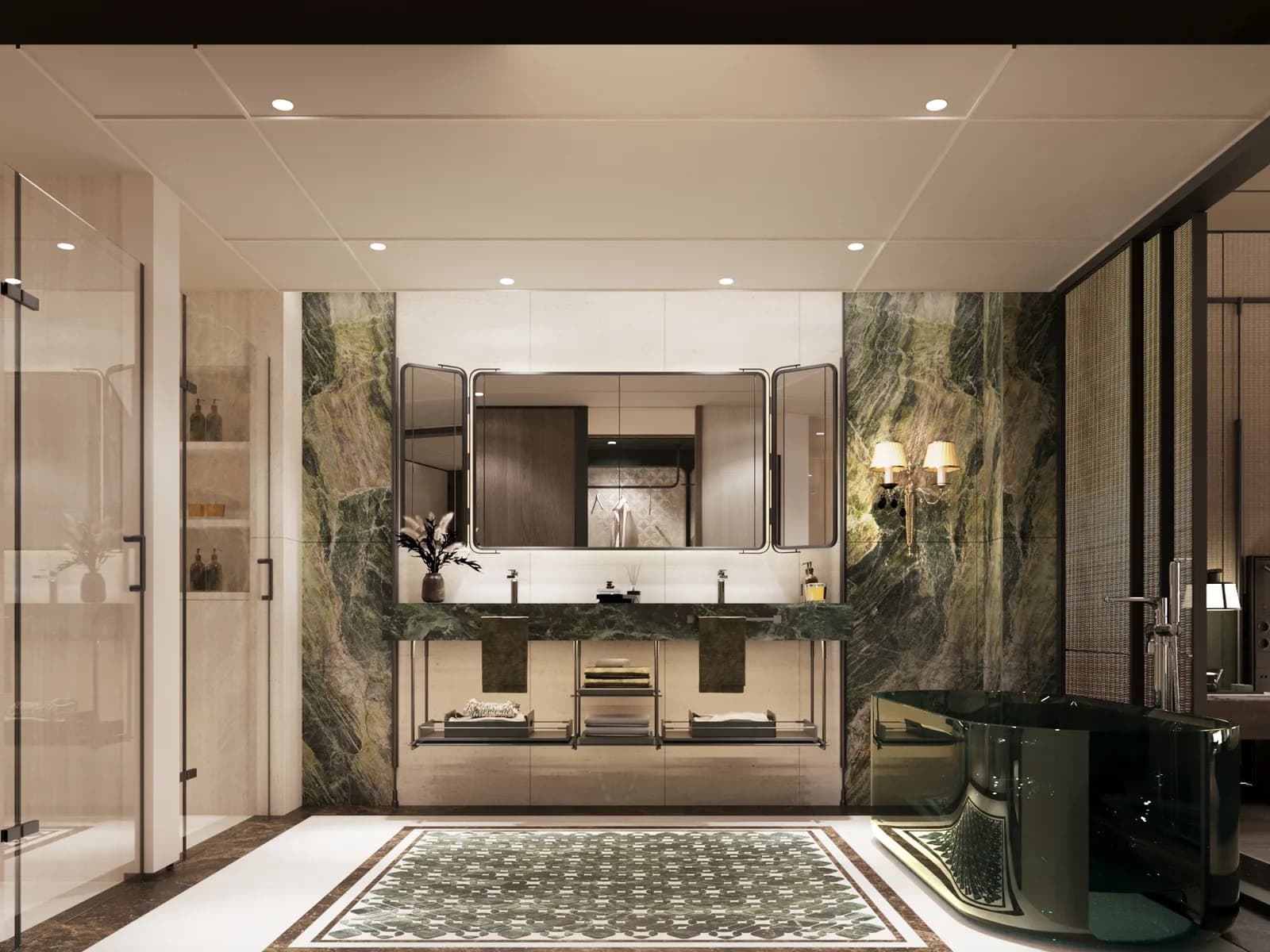 Bathroom clad in green marble with a twin vanity, walk-in shower and a patterned rug