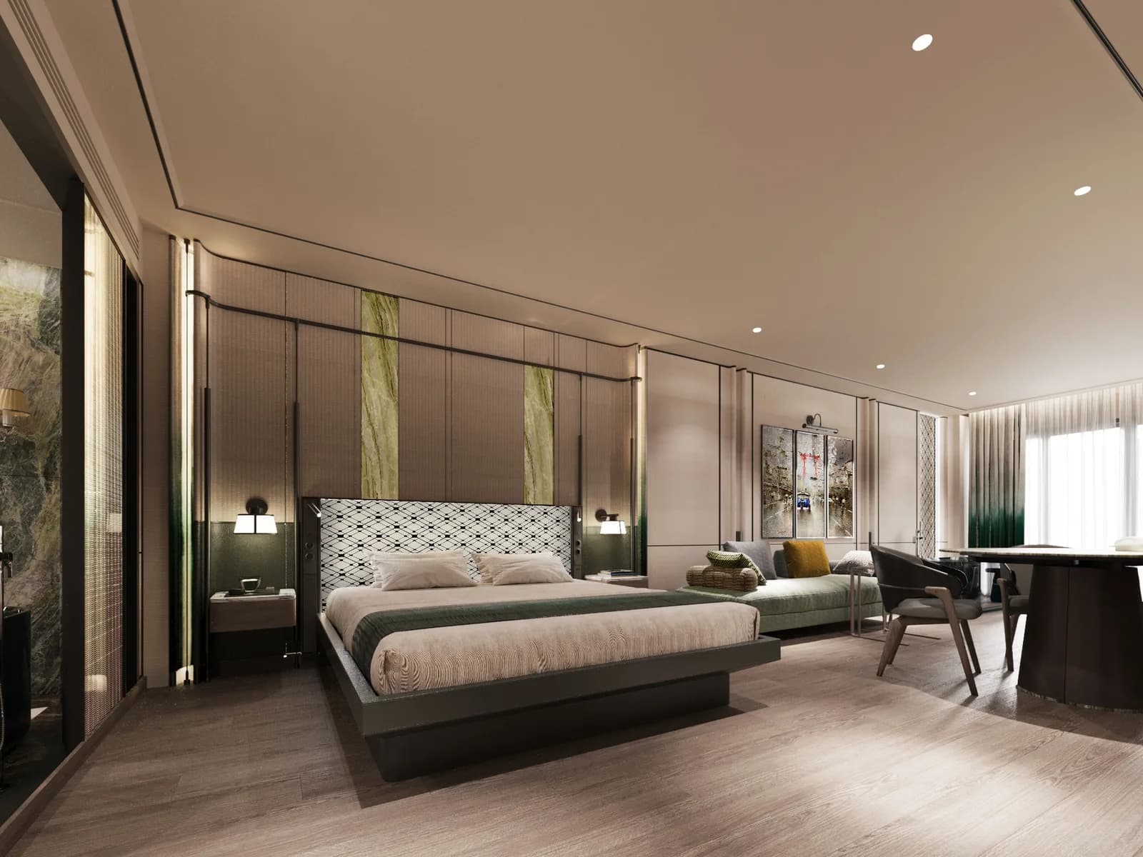 Guest bedroom with a quilted headboard, green marble panelling and a desk beneath the window