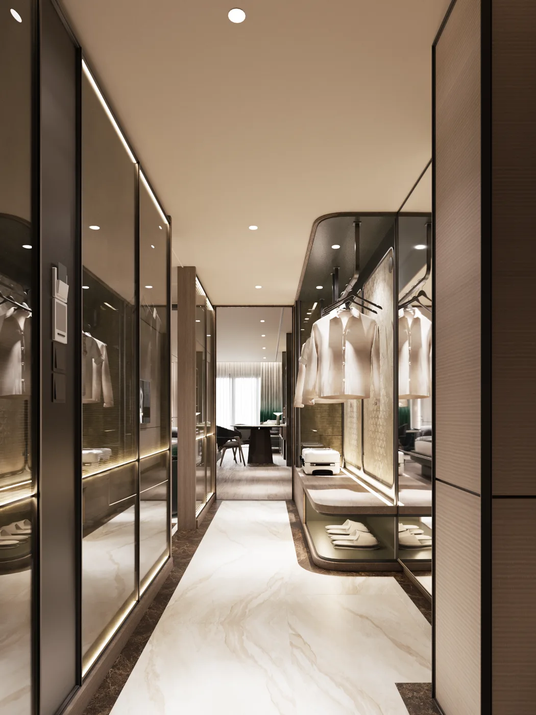 Dressing corridor lined with glazed wardrobe doors reflecting the room beyond