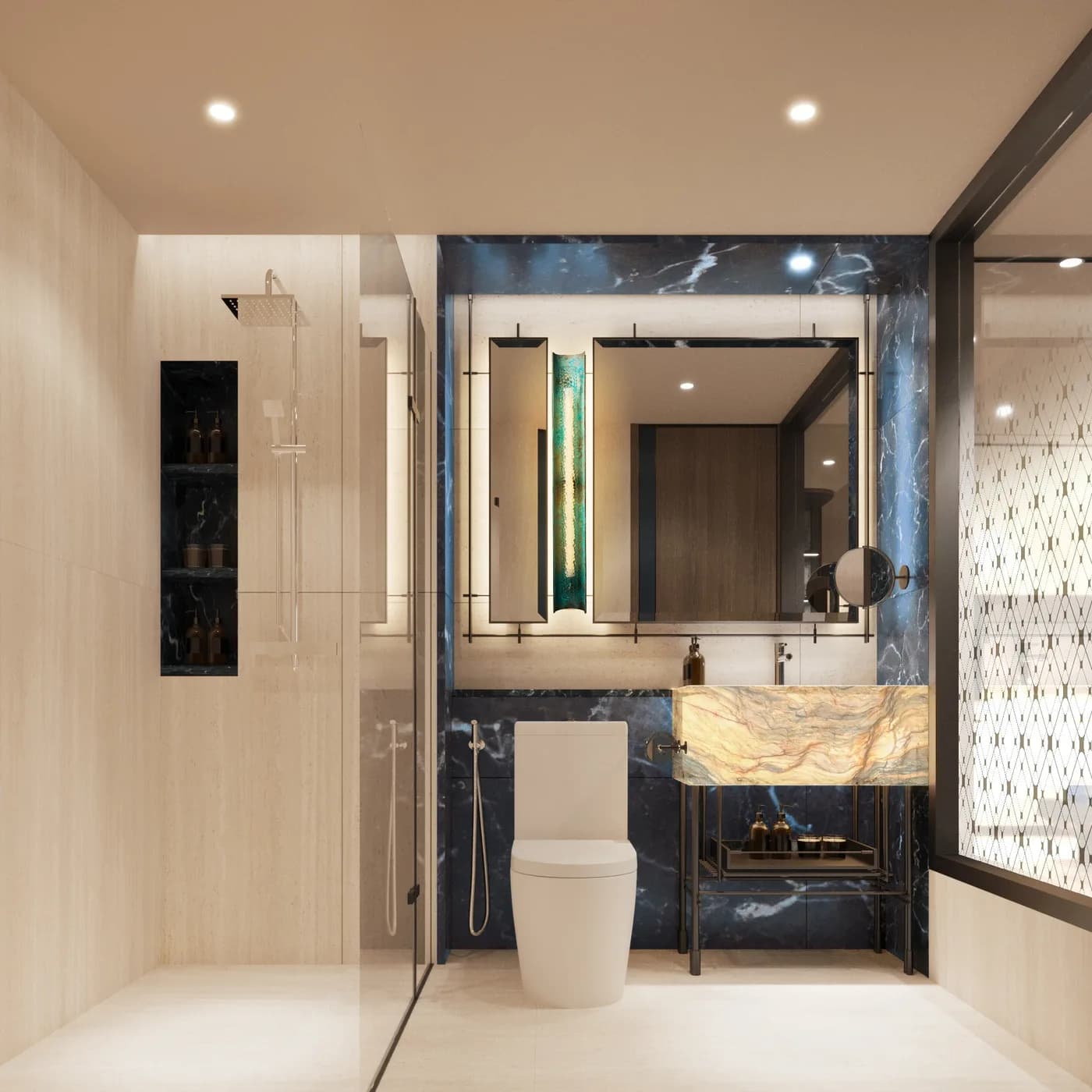 Bathroom clad in deep blue marble with a walk-in shower and a backlit stone basin