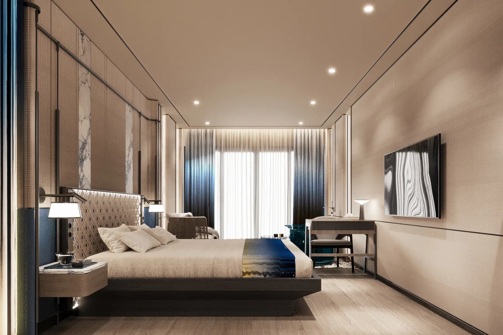 Guest bedroom with a cream textile headboard, deep blue throw and a wall-mounted screen opposite