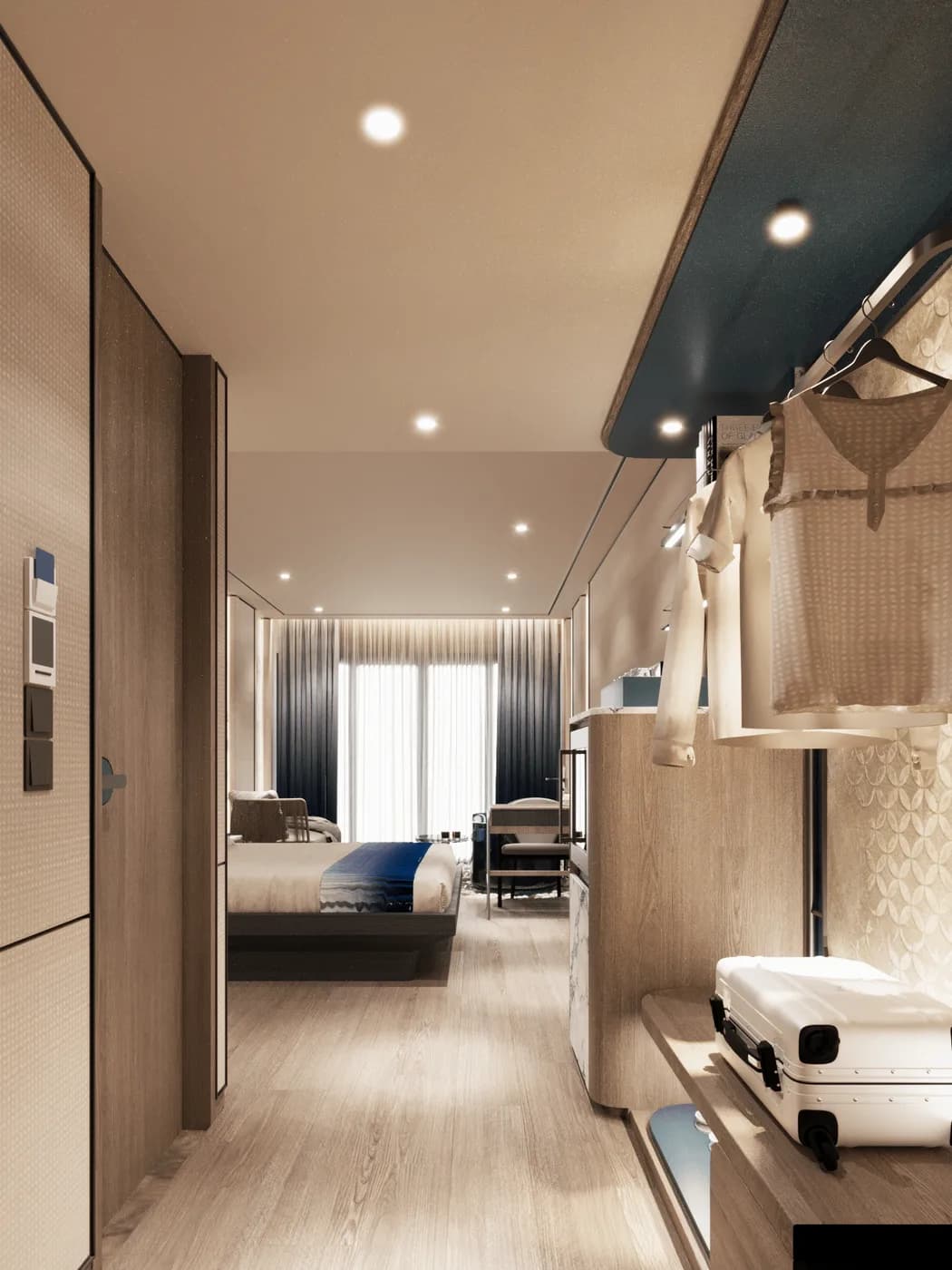 Dressing corridor beneath a deep blue soffit, with timber joinery and a view through to the bedroom