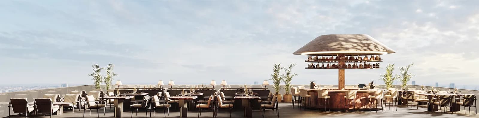 Wide view across the rooftop terrace, its seating and canopied bar under an open sky
