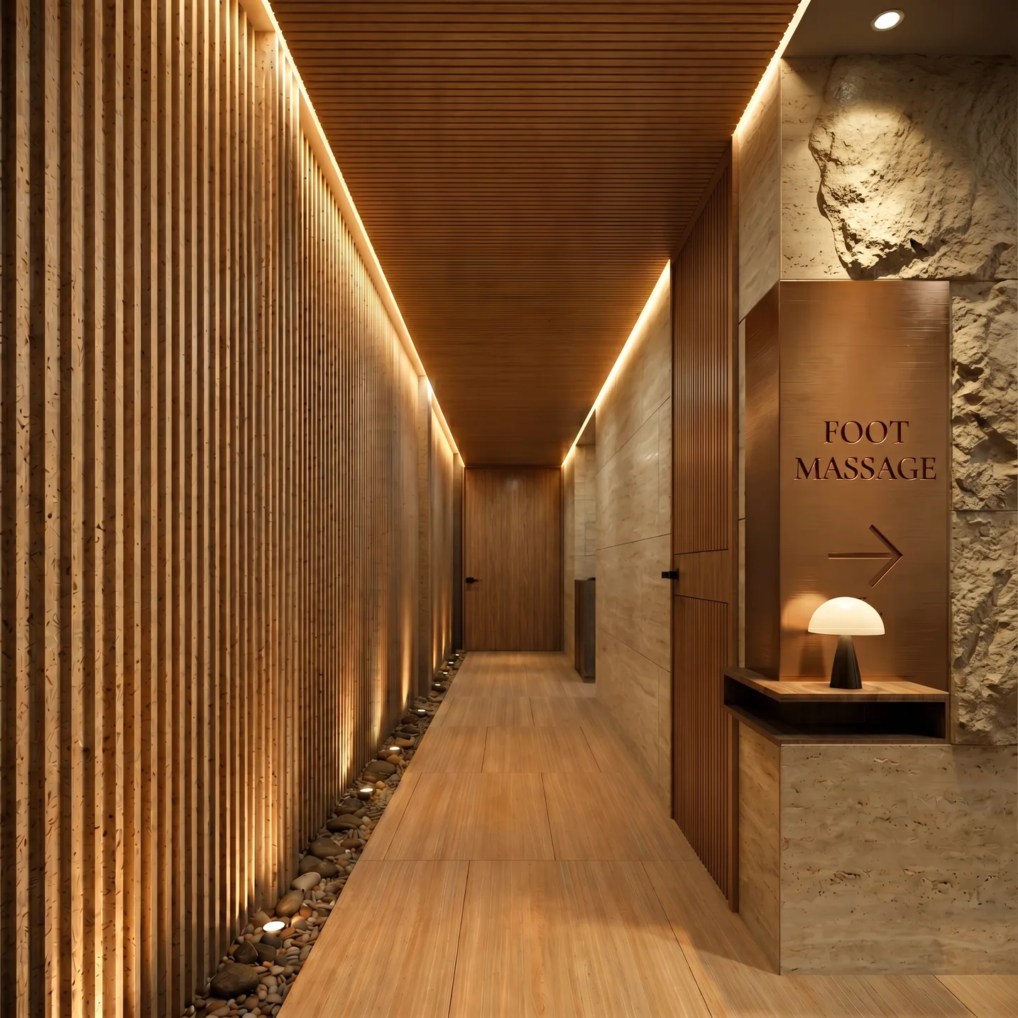 Spa corridor lined with backlit timber battens, a pebble channel underfoot and a stone signage panel