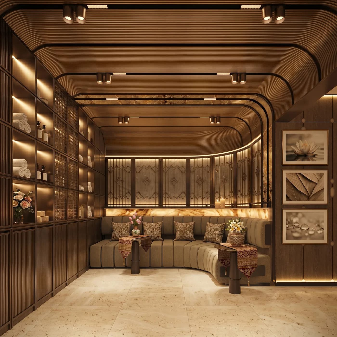 Spa waiting lounge with a curved upholstered banquette, timber screens and framed botanical prints