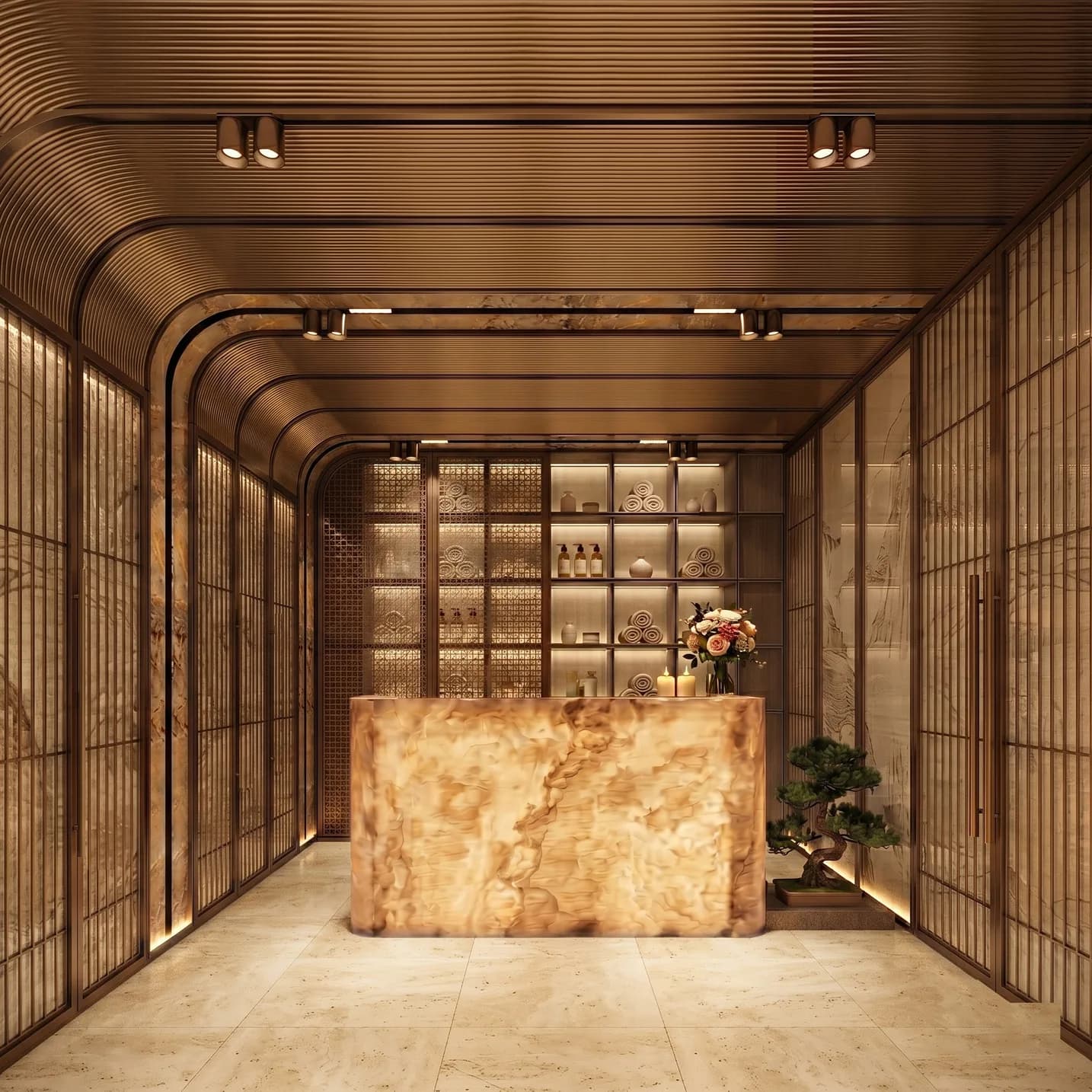 Spa reception with a backlit onyx counter, arched timber ceiling and shelved display niches