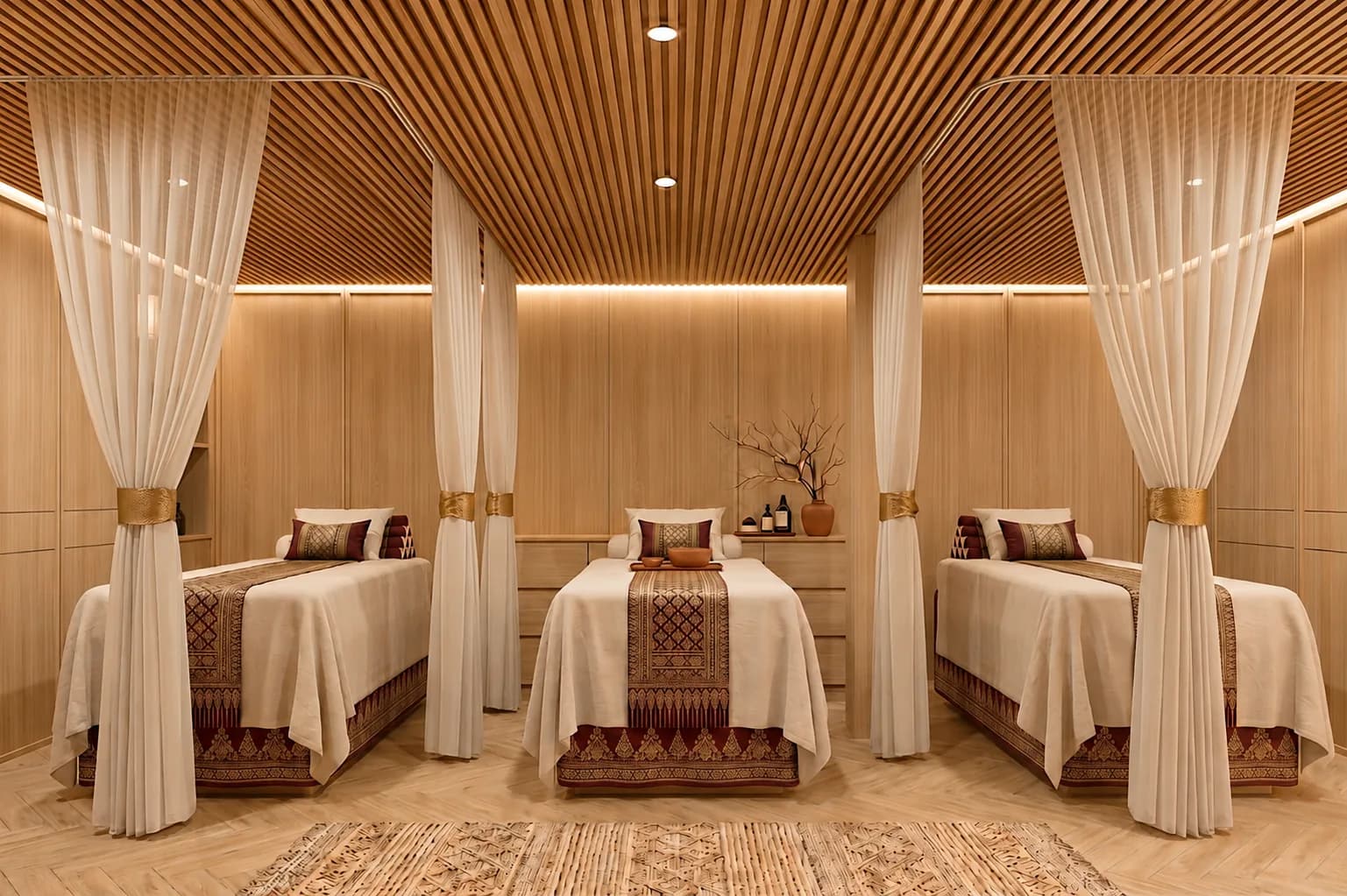 Treatment room with three curtained beds separated by sheer drapes over a patterned rug
