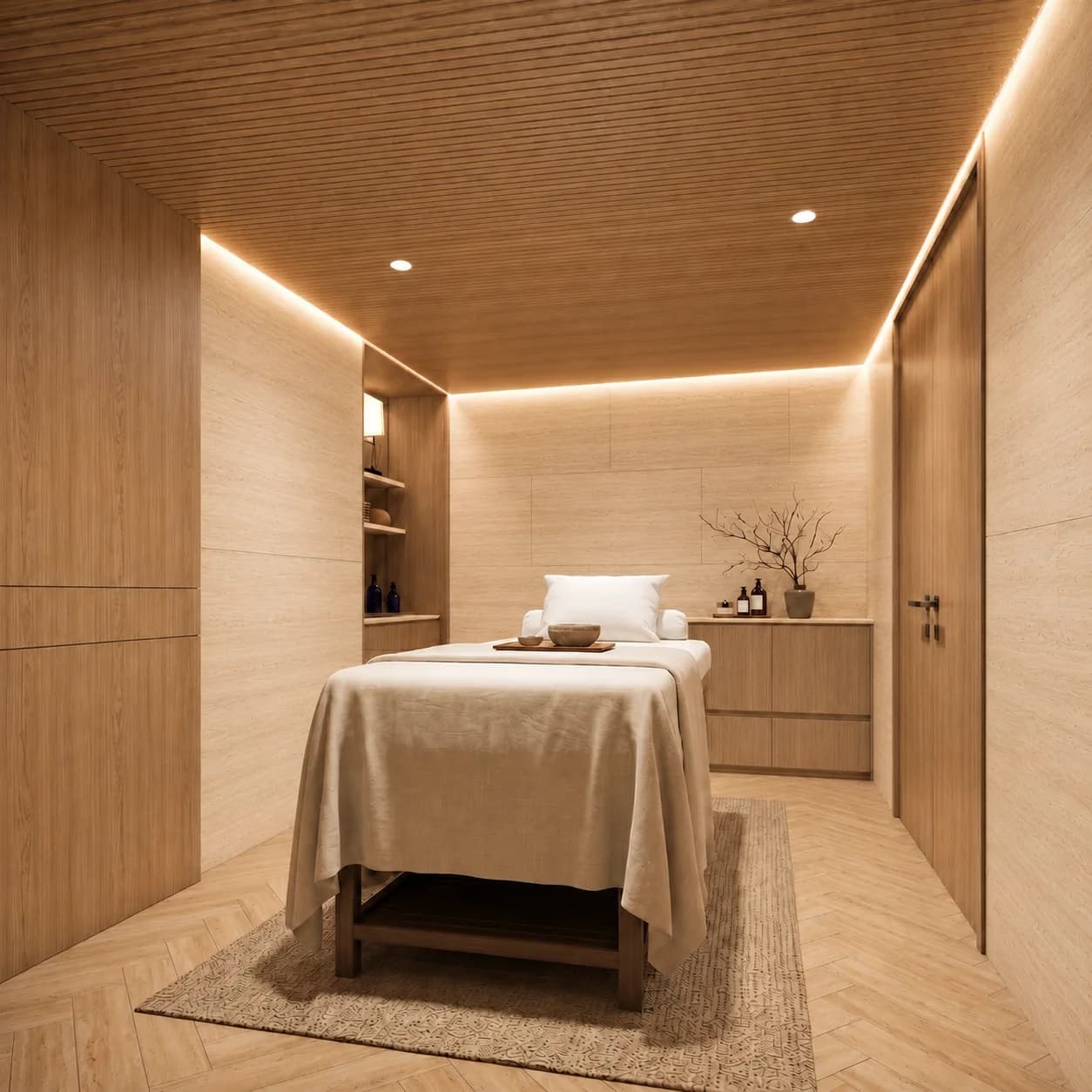 Single treatment room with one draped massage bed, timber walls and concealed cove lighting