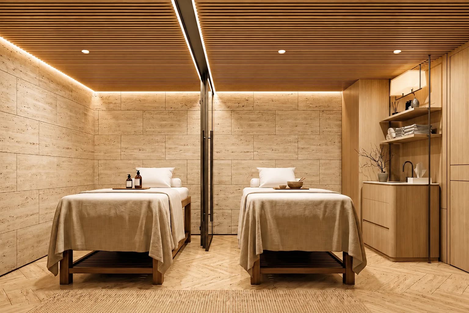 Twin treatment room with two draped massage beds side by side and a timber-slatted ceiling