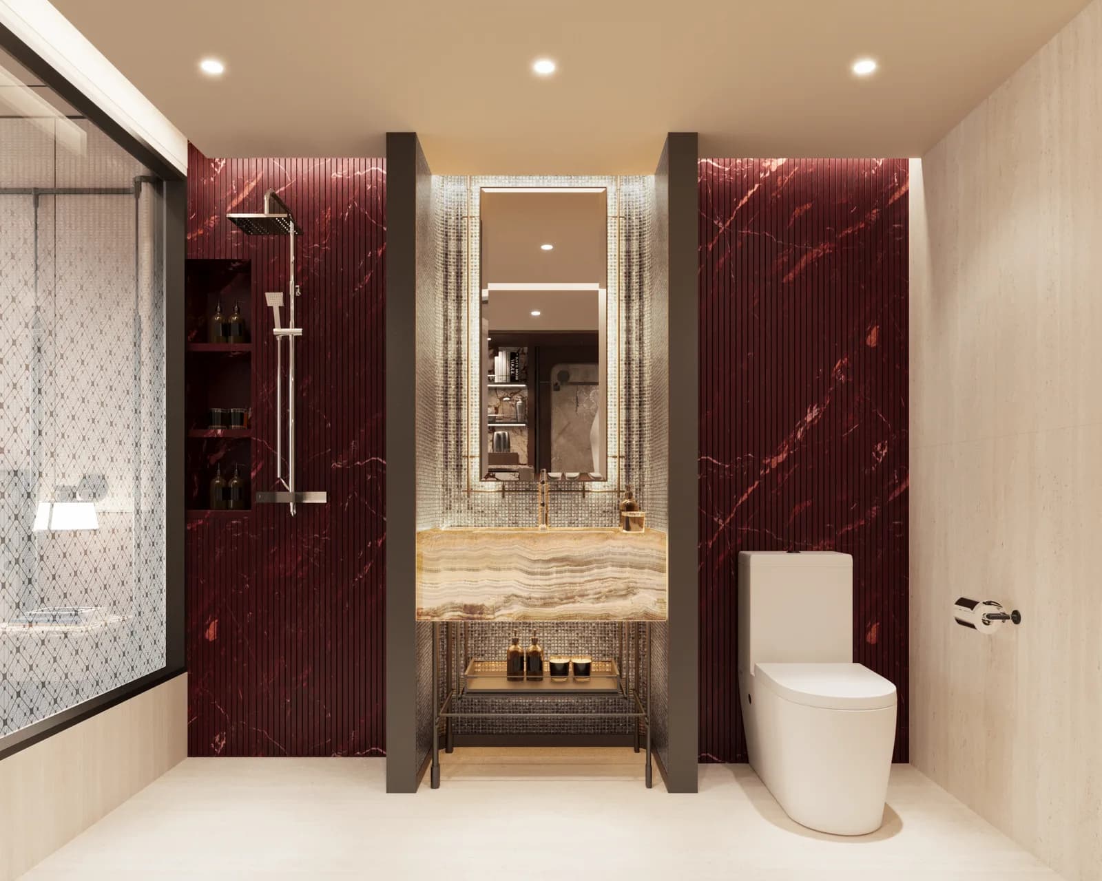 Bathroom clad in deep red marble with a walk-in shower, mirrored vanity and stone basin