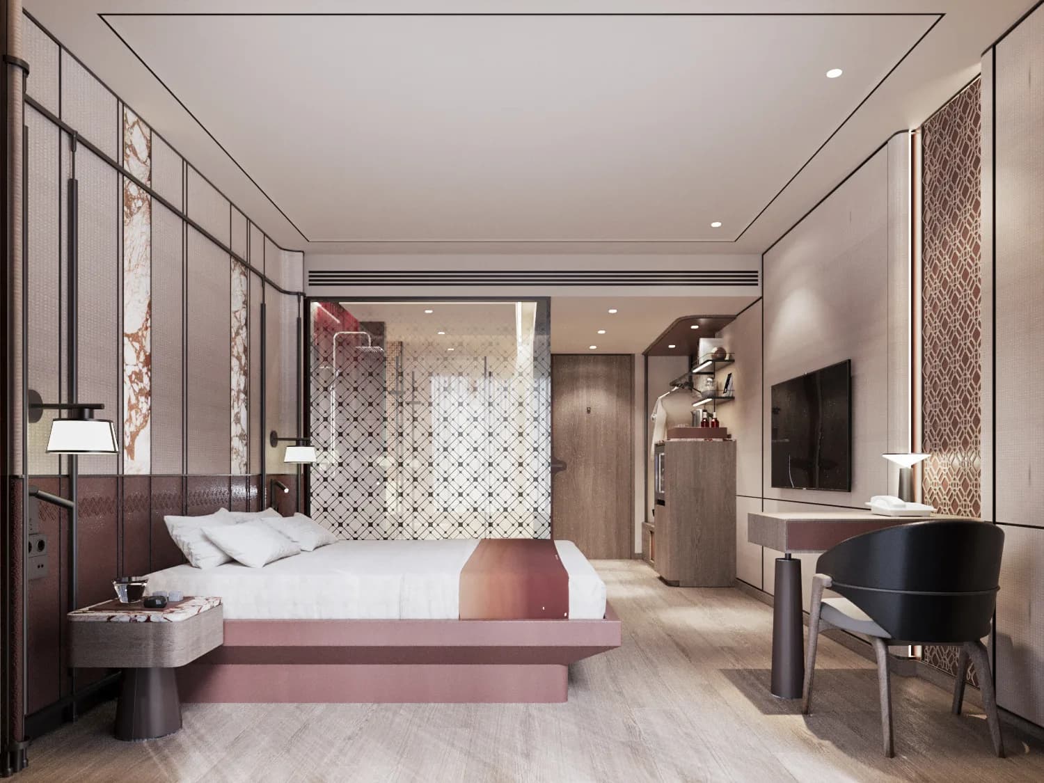 Guest bedroom seen towards the window, with a rose-toned bed base, writing desk and lattice screen