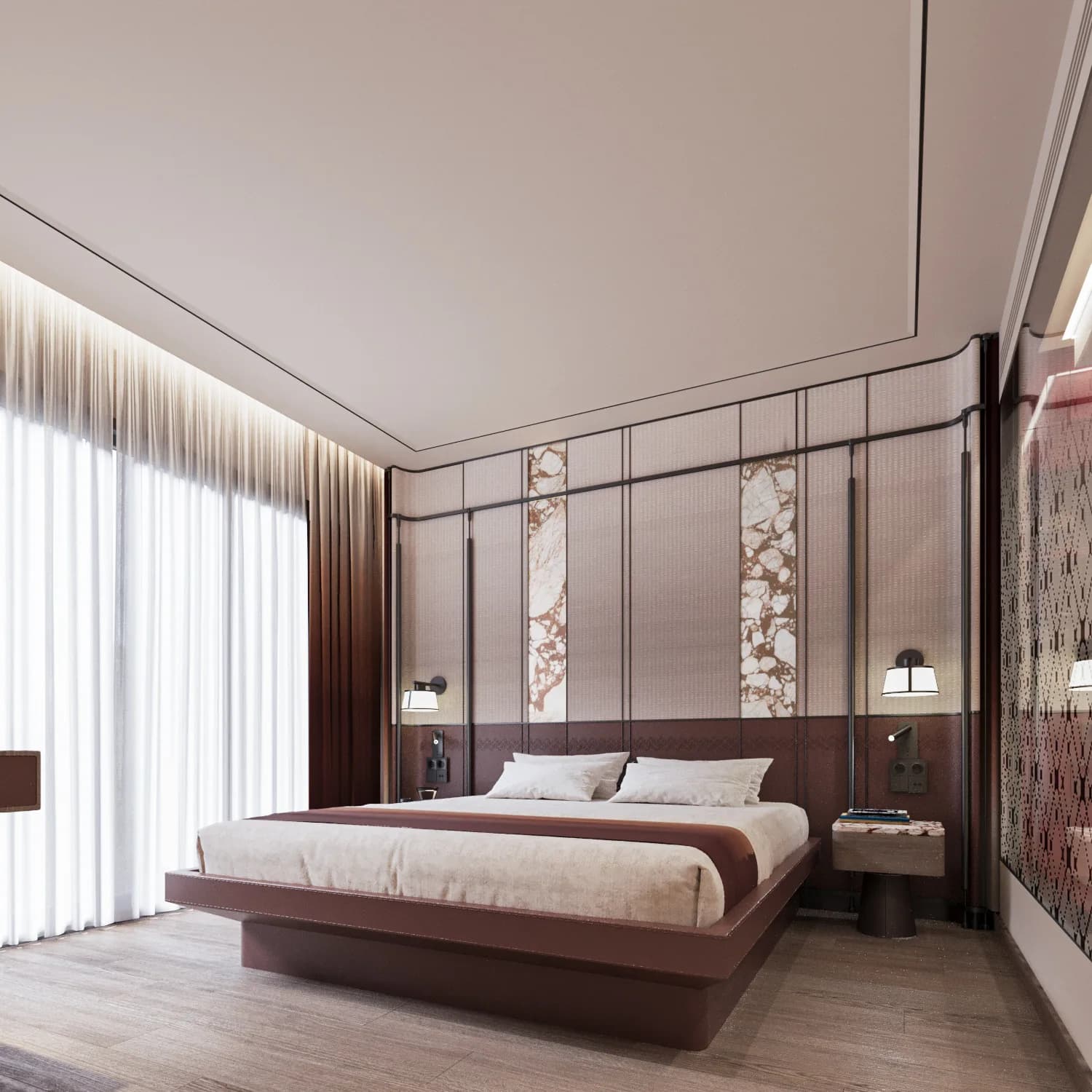 Guest bedroom with a deep red upholstered headboard, patterned inlay panels and sheer full-height curtains