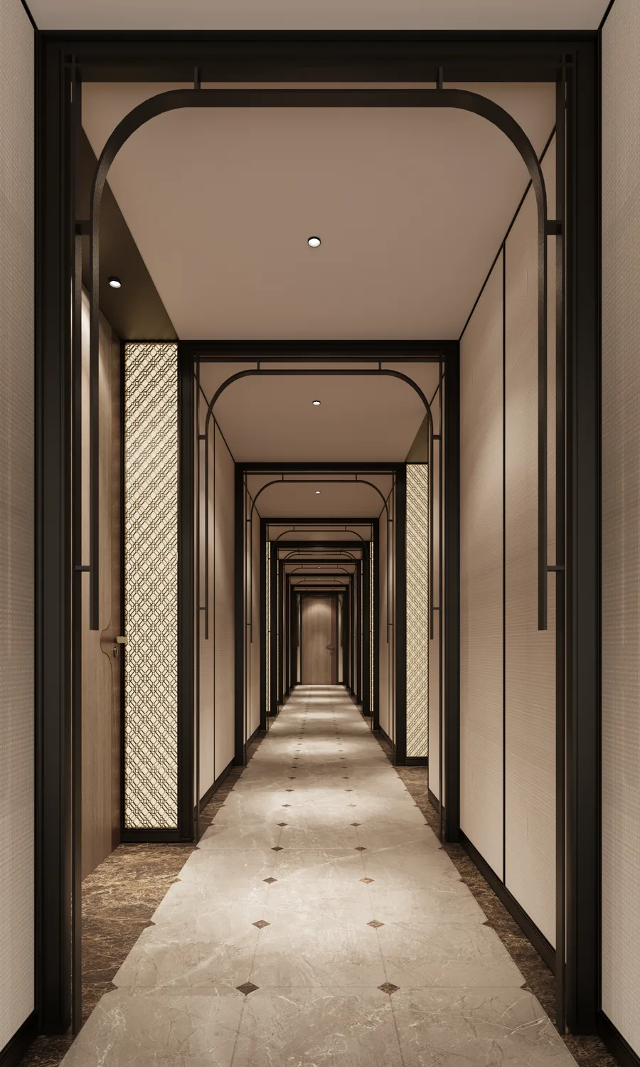 Guest floor corridor receding between panelled walls over a patterned carpet