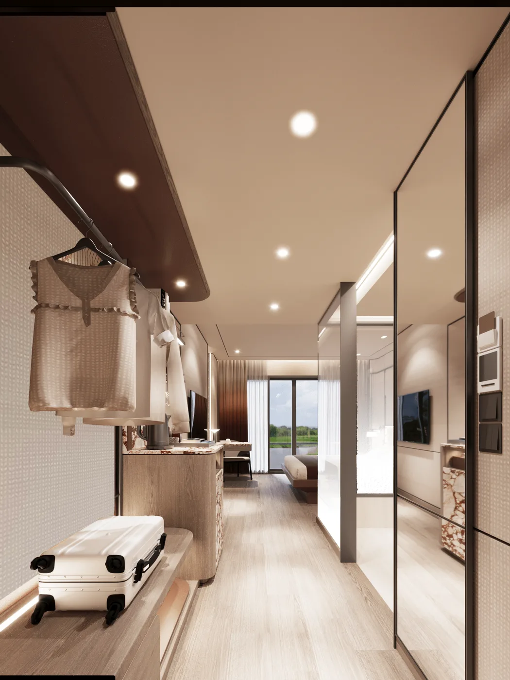 Dressing corridor with a mirrored wardrobe run, luggage bench and a view through to the bedroom