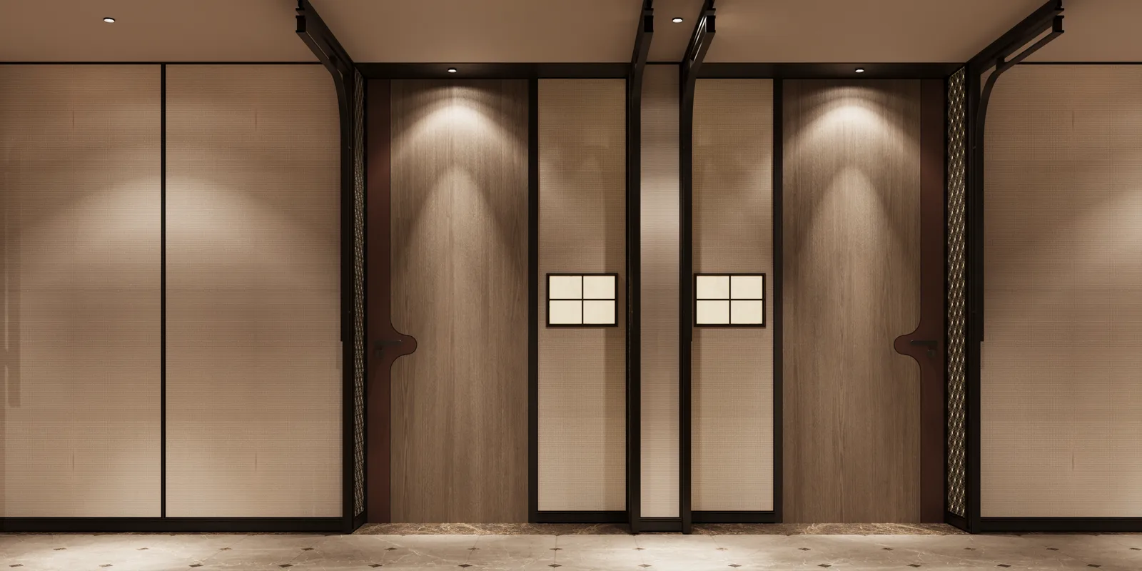 Lift lobby with backlit panelled walls and a polished stone floor
