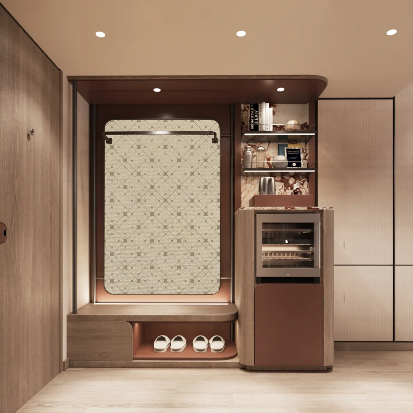 Walk-in closet with hanging robes, open shelving and a cabinet set into patterned panelling